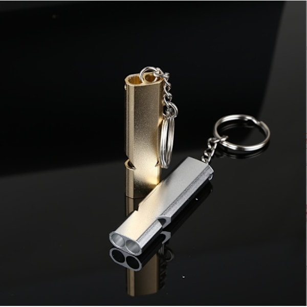 Dubbelrör Utomhus Survival Whistle Utomhusutrustning Guldfärg + Stål 2 Styck