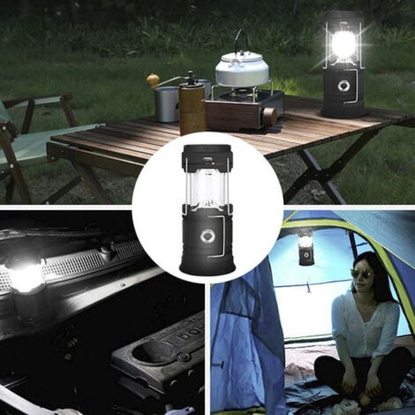 Solar/USB genopladeligt LED-lys, kraftfuldt campinglys, 2 modes bærbart havelys, 360° hængende lommelygte, sort