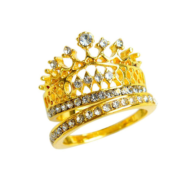 2 stk Kvinder Mode Krone Tiara Ring Indlagt Fuldt Rhinestone Legering smykker Gave Gold CN17