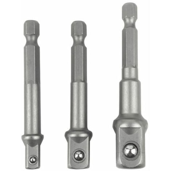 Sokkelholderadaptere på bore-/slagdriver. Sæt med 3 1/4", 1/2", 3/8" firkantet sekskantet dornadapter i Chome Vanadium (L