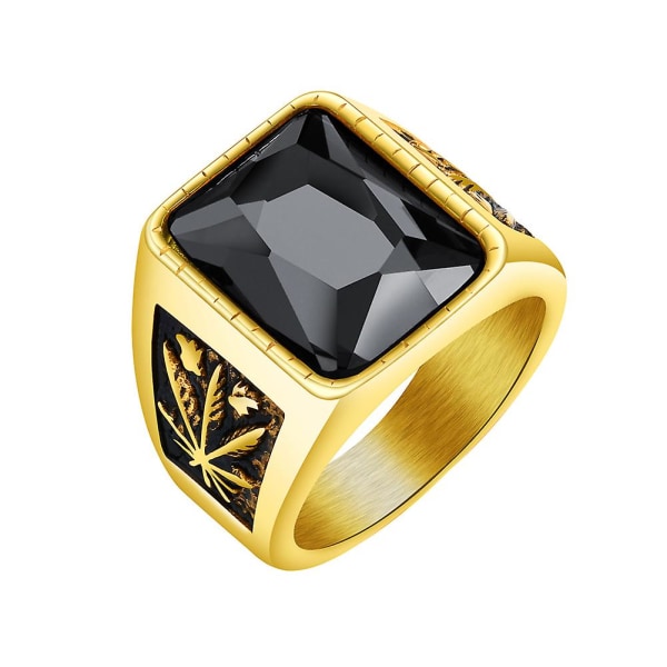 Män fyrkantig strass snidad lönnlöv band titan stål ring smycken gåva Golden US 9 Black..