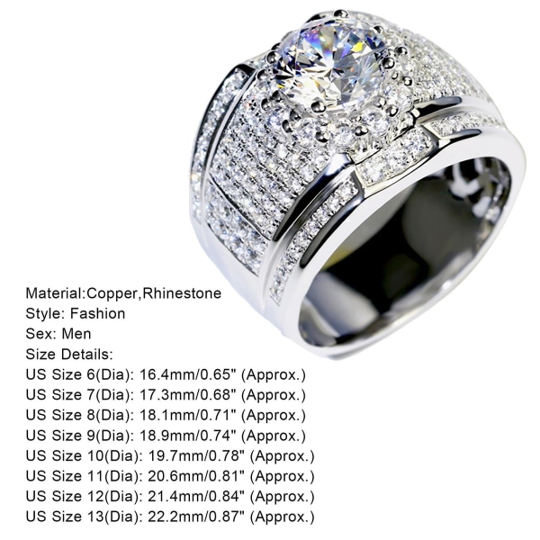 Mænd Fashion Rhinestone Sølvbelagt bryllup Engagement Finger Ring smykker US 7