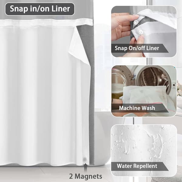 [qg]Dubbellagers duschdraperi utan krokar – 180×190 cm – bikakemönster – med innerfoder – halvtransparent voilefönster – magnetisk fåll grå