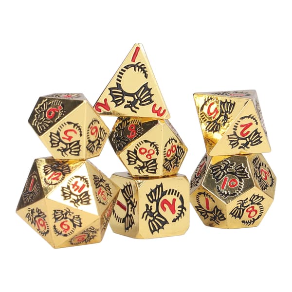 7 stk. Polyhedral Metalterningsæt med Dragemønster til RPG-festspil