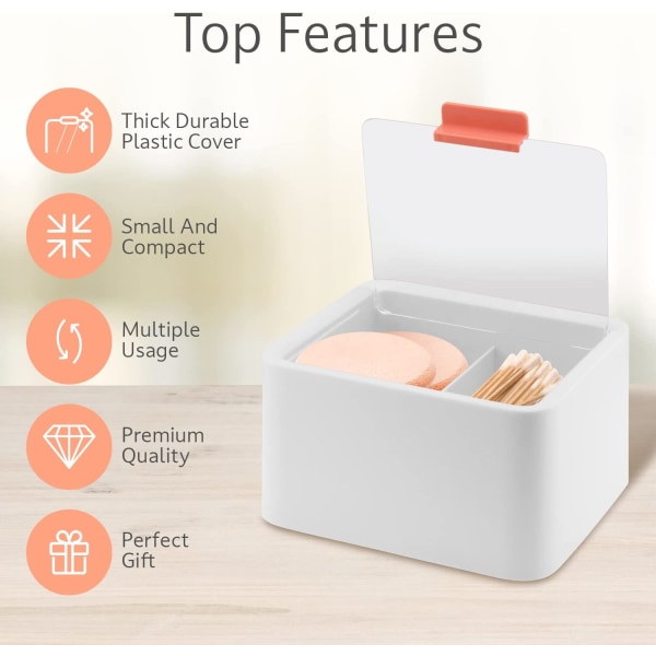 Tips och Q Tip organizer med lock - Vit case med 2 sektioner för bomullspinnar, sminksvampar, tand