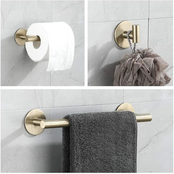 3 itseliimautuvaa kylpyhuonetarviketta, 30 cm pyyheteline, wc ja koukkupaperitelakka, kultaharjattu harjattu