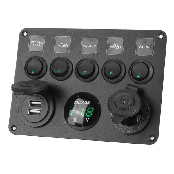 5-veis LED vippebryterpanel med digital voltmeter, universell for bobil, bil, motorbåt, grønn