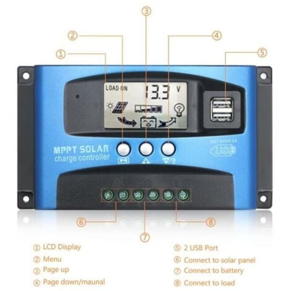 12V/24V Smart Battery MPPT Solar Panel Regulator Controller med 5 USB-porter LCD-skjerm, maks ladestrøm 30A