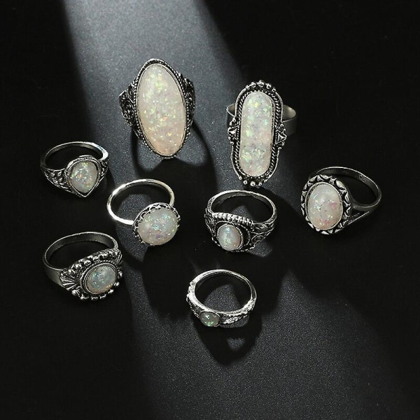 7pc/8pc Ett sett Vintage Antikke Sølvfarge Ringer Sett Fargerike Opal Stone Carve For Kvinner Bohemske smykker Tilbehør