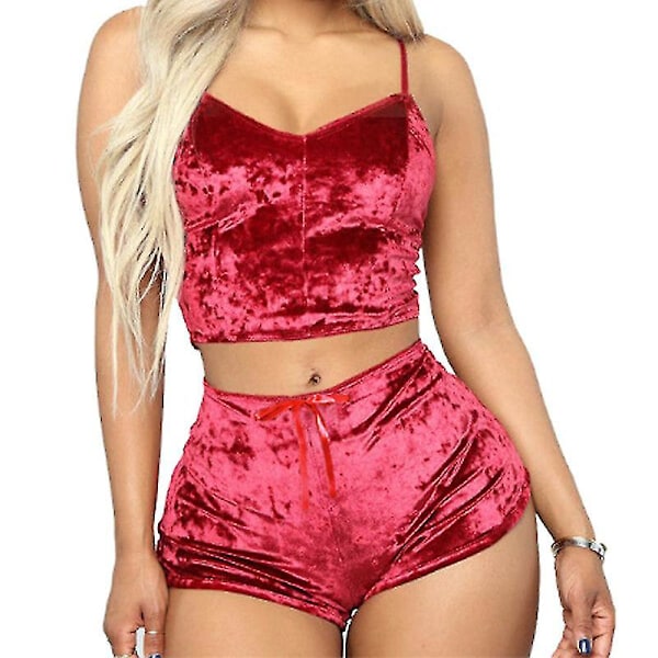 kvinner Undertøy Sexy Undertøy Pyjamas Set Velvet Cami Crop Wine Red M