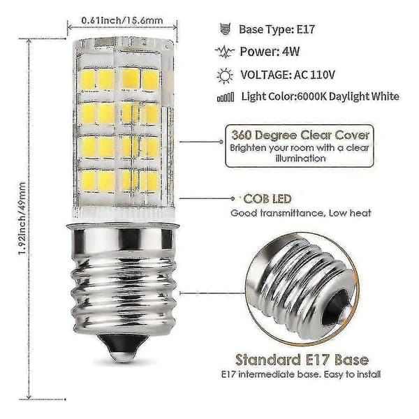 Pakke med 4 dæmpbare LED E17 mikrobølgeovnspærer, dagslys 6000k 40w halogenækvivalent lys, keramik