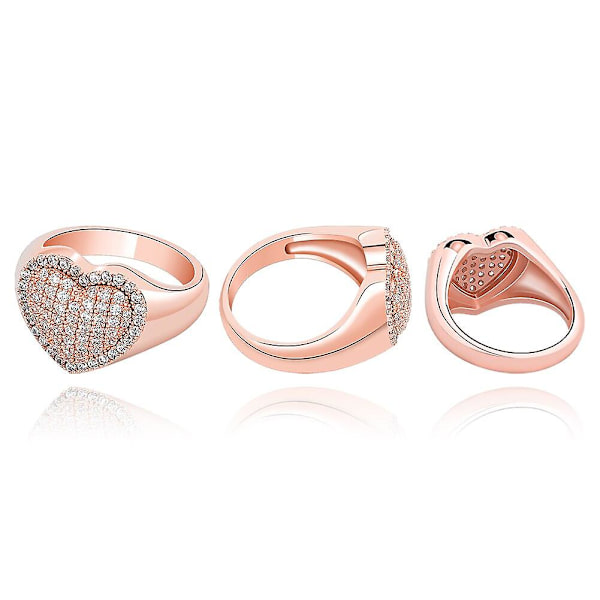 Hip Hop Kulta Hopeanvärinen Sydänsormus Kupari Iced Out Cubic Zirkonia Muoti Herkät Korut Lahja Miehille Naisille Rose Gold