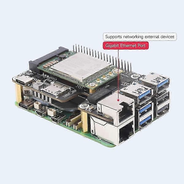 5 PCle–MiniPCle GbE USB3.2 HAT+ Gigabit Ethernet SIM7600G-H 4G -moduulilla, tukee MiniPCIe:tä