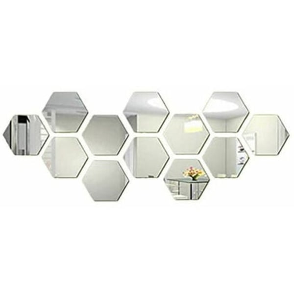 Sekskantede veggklistremerker, 12 stykker store, avtagbare akrylspeilveggklistremerker for hjemmet Stue Soveromsinnredning, Silv