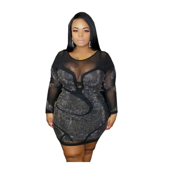 Sexet Plus Size Mesh Se Through Bodycon Mini-kjole XL