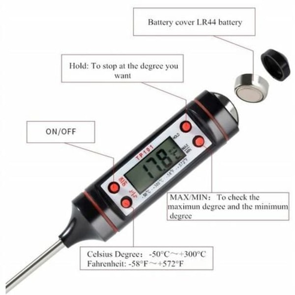 Liquid BBQ Probe Termometer, Elektronisk Digitalt Kjøkken Matlaging Termometer, Svart (-50℃～300℃)