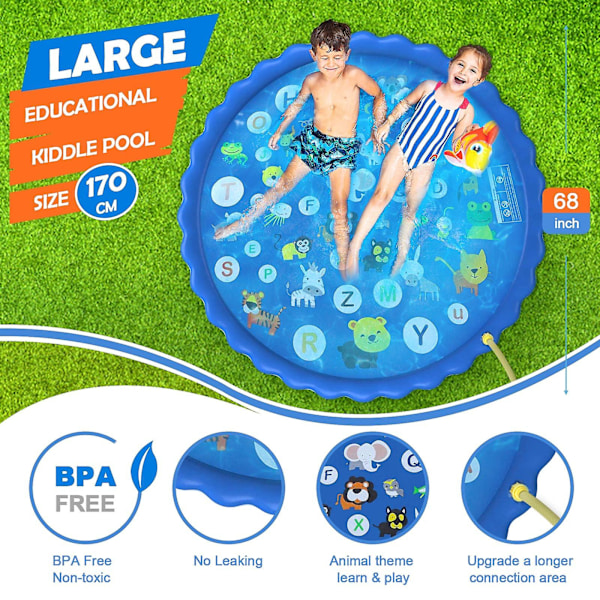 Vattensprutmatta för barn, 170 cm Pvc Slitstark halkfri vattenstänkspraymatta Vattenpool, utomhuslekleksaker för flickor och pojkar