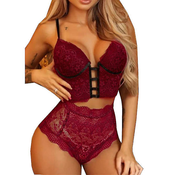 Kvinnor Sexig Spets BH Hög midja Set Nattkläder Underkläder Red M