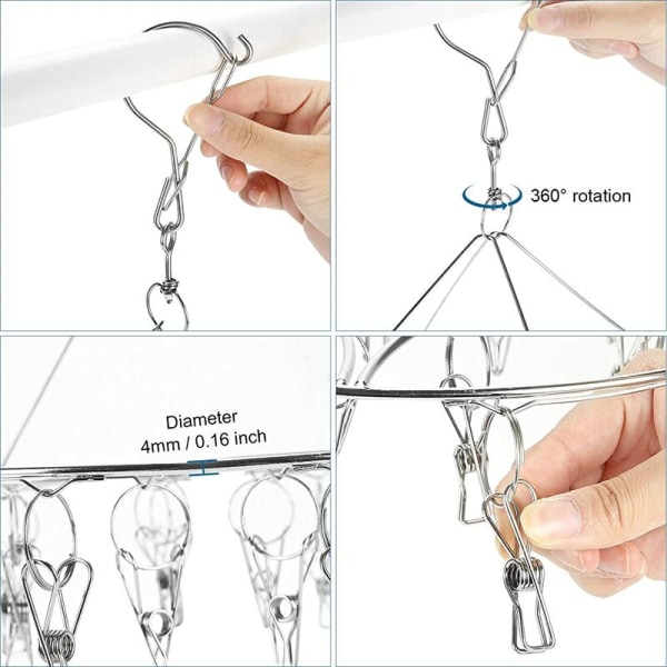 Fet Round 20 rustfritt stål clips klesstativ barn baby roterende rustfritt stål klemme sokker eller undertøy klær tørketrommel,