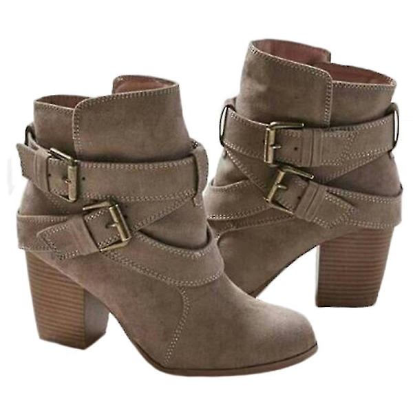 Kvinder spænde ankelstøvler Mid Block Heel Booties Sko Khaki 41