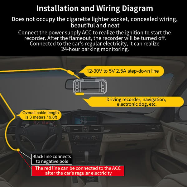 12V 24V til 5V 2.5A Micro USB Bilparkeringsmonitor Step Down Kabel til Dash Cam