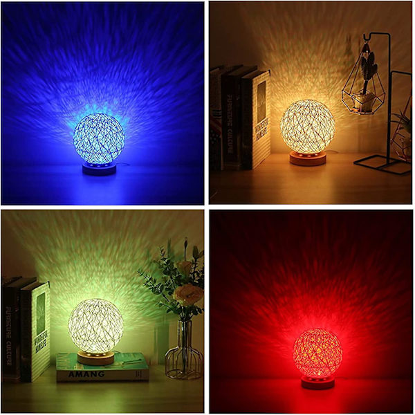 Træbordlampe, rattan led natlys, Rgb sengebordslampe med håndstrikket skærm og fjernbetjening til soveværelse, stue, natbord