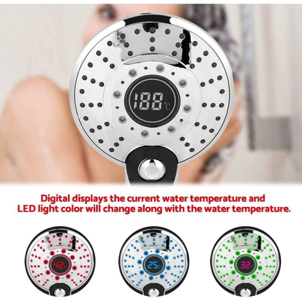 Digitalt display Dusjhode, hånddusj 3 farger LED dusjfilter med temperaturkontroll 30 % vannbesparende badekar Sh