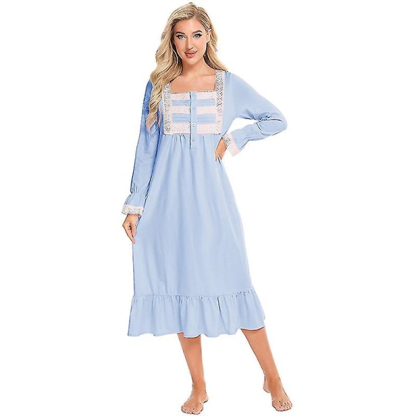 Victorian Nightgown puuvillainen Sleepshirt pitkähihainen XL Light blue