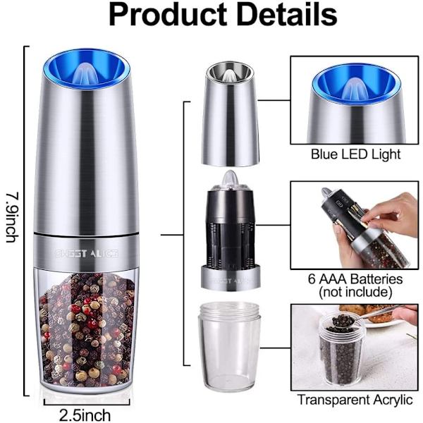 Gravity Electric Pepper Mill, Justerbar Grovhet Salt- og Pepperkvern, Batteridrevet med LED-lys, Automatisk One-