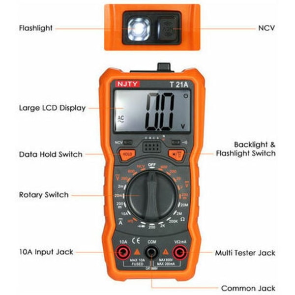 NJTY Mini Non-Contact Digital Multimeter 1999 teller, med bakgrunnsbelyst LCD magnetisk adsorpsjon og lommelykt, T21A - T21A