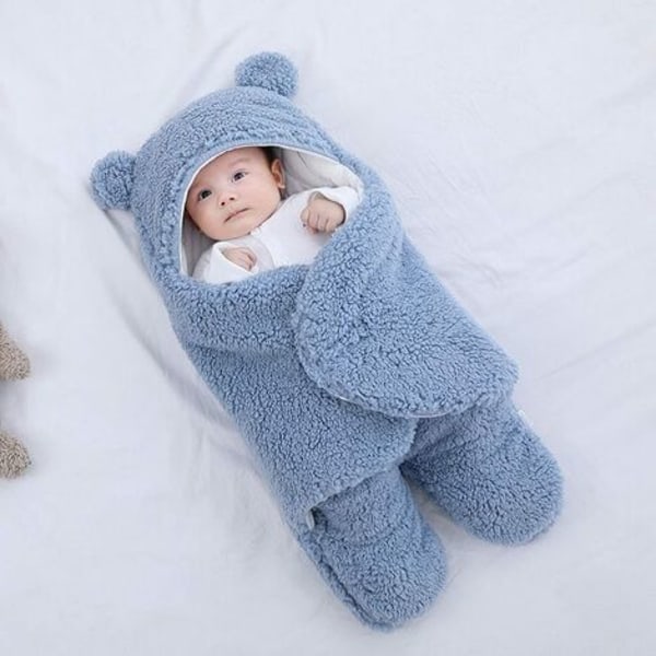 Unisex baby-svøbtæppe, børnepasnings-græstaske, svøbe-sovepose med hætte Nyfødt-Blå-S(0-3 måneder)