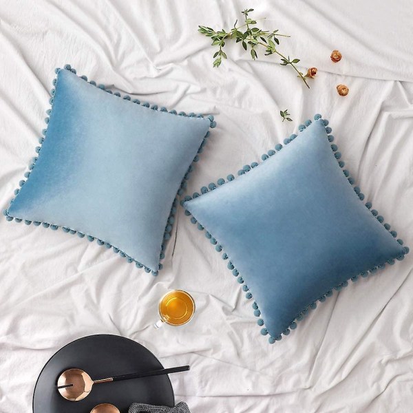 Paket med 2 Sammets-kuddfodral Pompom Dekorativa örngott Solida mjuka kuddfodral Med Poms Fyrkantig För Soffa Soffa Sovrum Bil 18x18tum Da 22 x22 Light Blue