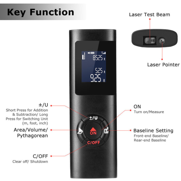 40m laseravstandsmåler, bærbar digital laseravstandsberegning Måle areal Volum/Pythagoras-funksjon/IP54/LCD-bakgrunnsbelysning/oppladbar,