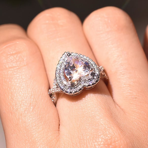 Kvinner hjerteformet rhinestone ring mote legering sirkel skinnende smykker gave US 6
