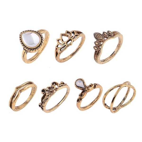 7 st Vintage Kvinnor Hollow Carving Lotus Flower Waterdrop Knuckle Midi Rings Set Antique Golden