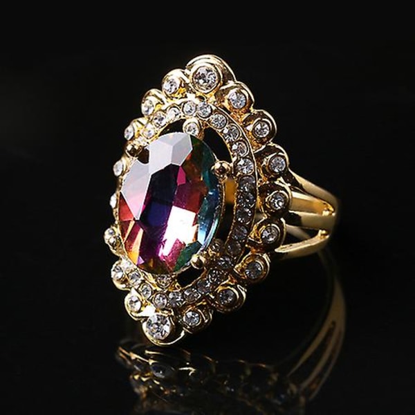 Kvinder Rainbow Color Big Ellipse Glas Rhinestone Hollow Party Ring Gavesmykker 19mm