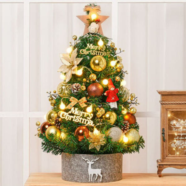 45 cm liten konstgjord julgran, liten julgran med LED-lampor, för helgdagar, julfester, guld