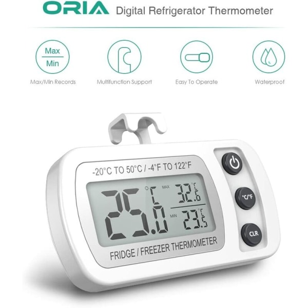 Kjøleskapstermometer LCD-skjerm Digitalt vanntett frysetermometer med magnetkrok Hvitt kjøleskapstermometer (-20~