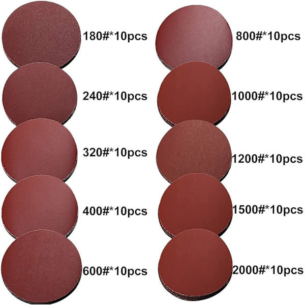 100 stk 125 mm slibeskive, slibeskive, 180/240/320/400/600/800/1000/1200/1500/2000 sandpapir (10 skiver pr. kornstørrelse)