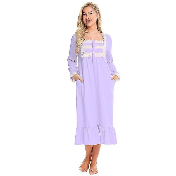 Victorian Nightgown puuvillainen Sleepshirt pitkähihainen M Light purple