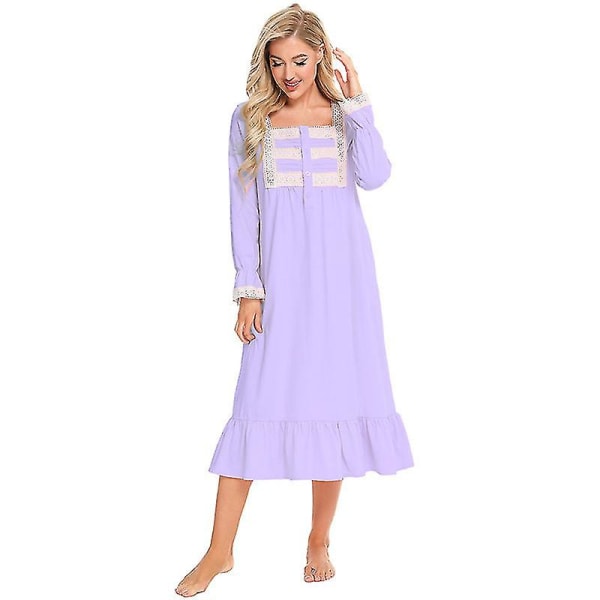 Victoriansk natkjole, langærmet bomulds-søvnskjorte M Light purple
