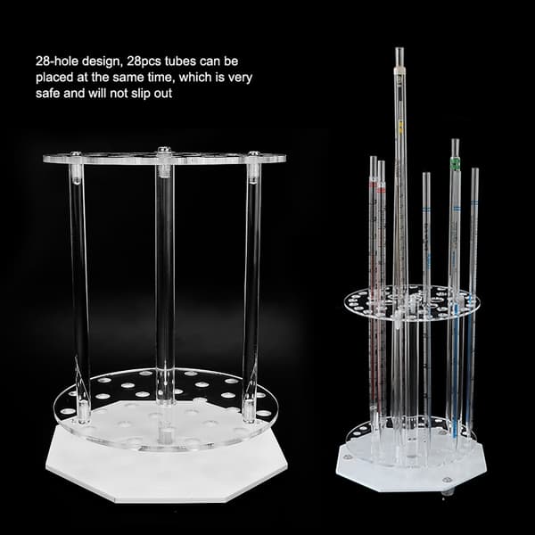 pipettställ med 28 hål, plexiglas, rund skiva, provrörsställ, laboratorieutrustning