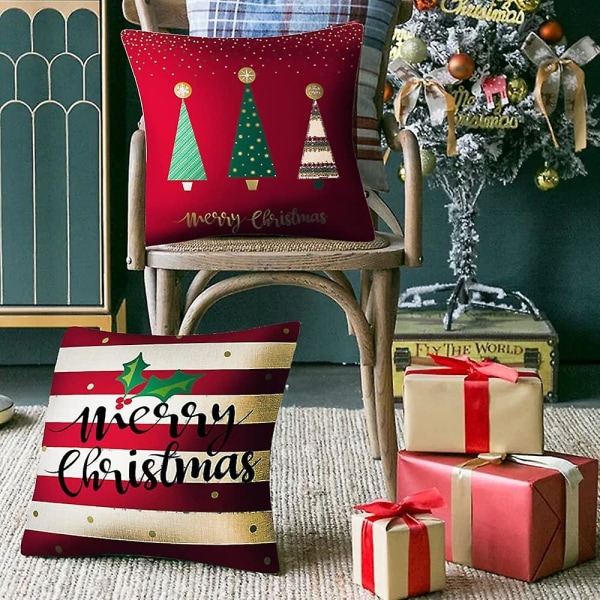 4stk God Jul Dekorativt Putetrekk Juletrestjerne Rødt Putetrekk Firkantet Home Decor