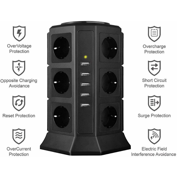 EU svart med USB EU 12 bitar 3 lager 5 USB -portar Överbelastnings- och överspänningsskydd,