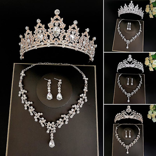 Bröllopsbröllops tiaror Crown Set med örhängen Kit & Necklack Handgjorda lyxiga Crystal hårtillbehör Gold 1
