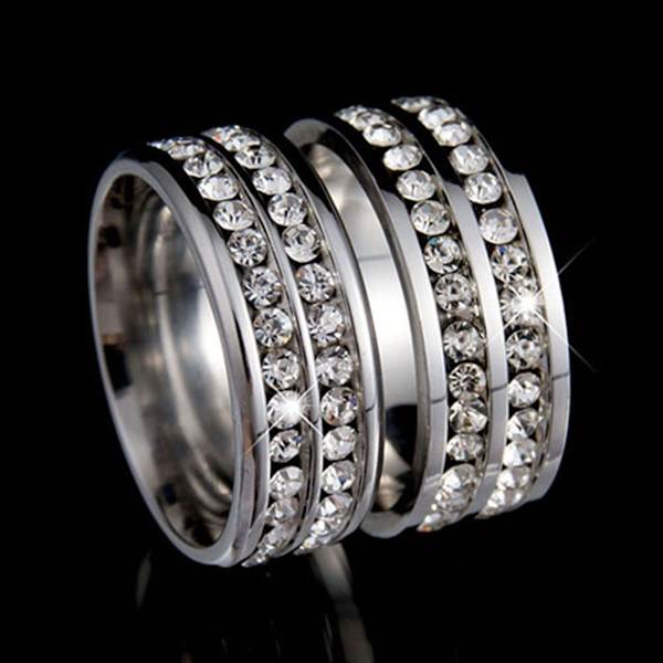 Ring bred bredd Fadeless titan stål dubbla rader strass unisex smycken för bröllopsfest Black US 10