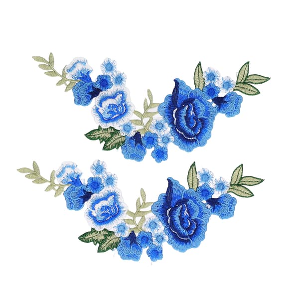 2 st Blå Ros Blommönster Polyester Silke DIY Sömnad Broderi Patch för T-shirts Väskor