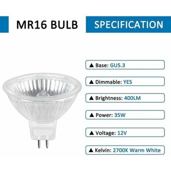 Halogenpære GU5.3 35W 12V, 400lm Varmhvit 2700K Dimbar, Halogen Spotlightpære MR16, 6-pakning