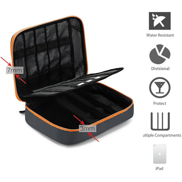 Universal reisekabelorganisering Elektronikktilbehør Bæreveske for 9,7 tommers Ipad, Kindle, strømadapter Grey and Orange