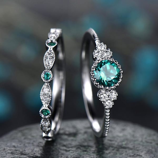 2st/ set Kvinnor Cubic Zirconia Inlagd Stapelbar Fingerring Bröllop Smycken Present Green US 10